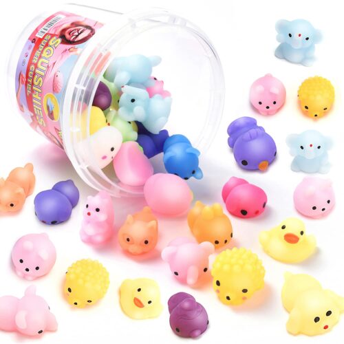 A tub of small, colorful squishy animal toys spills out onto a flat surface.